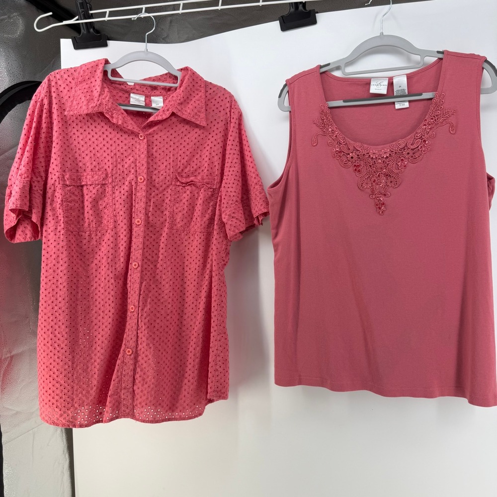 Emma James Shirt Tank Set Womens 22W 2X Pink Eyelet Cotton Sequin Cottagecore